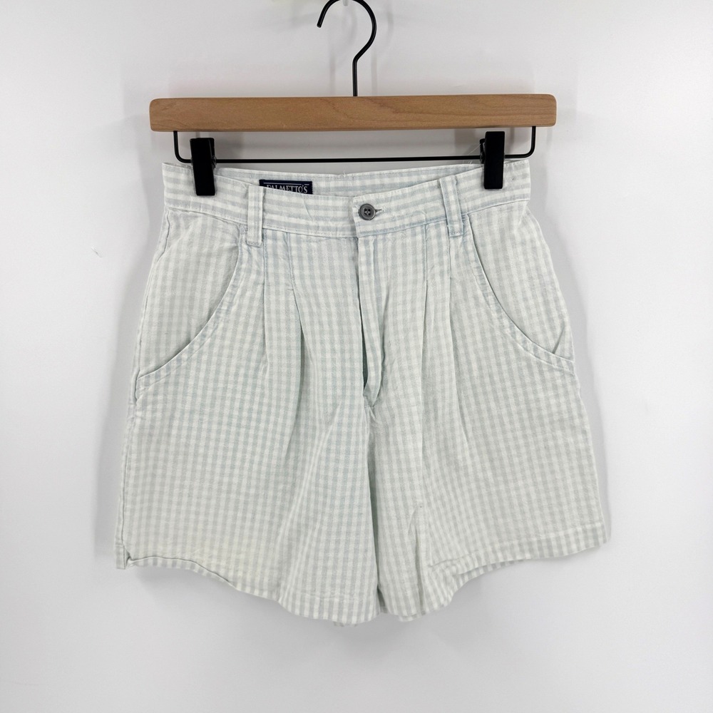 Vintage 90s Palmetto's Gingham High Waist Shorts Blue Size 5 Pleated Coastal